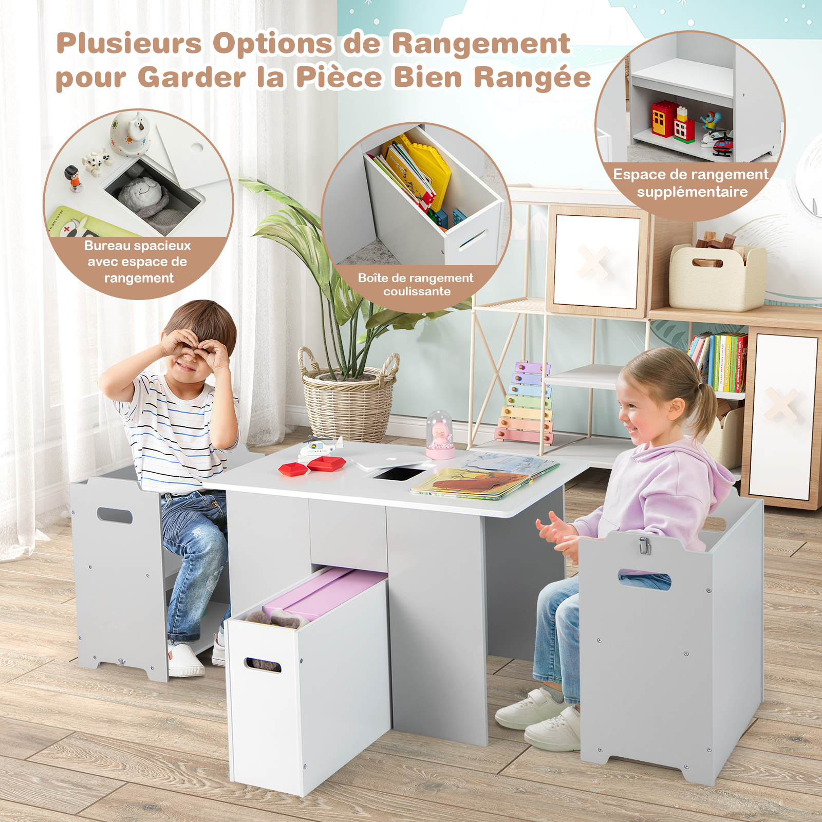 4 en 1 Table Enfants avec 2 Chaises, Table d'activités avec Banc de Rangement & Couvercle Amovible, Coins Arrondis et Boucle de Sécurité, Charge 90/30kg pour Enfants de 3 Ans+