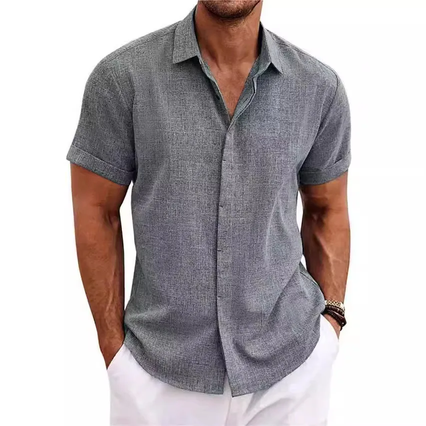 Camisa blanca de manga corta de algodón y lino para hombre, Top básico cómodo de Color sólido, blusas informales con botones negros para hombre