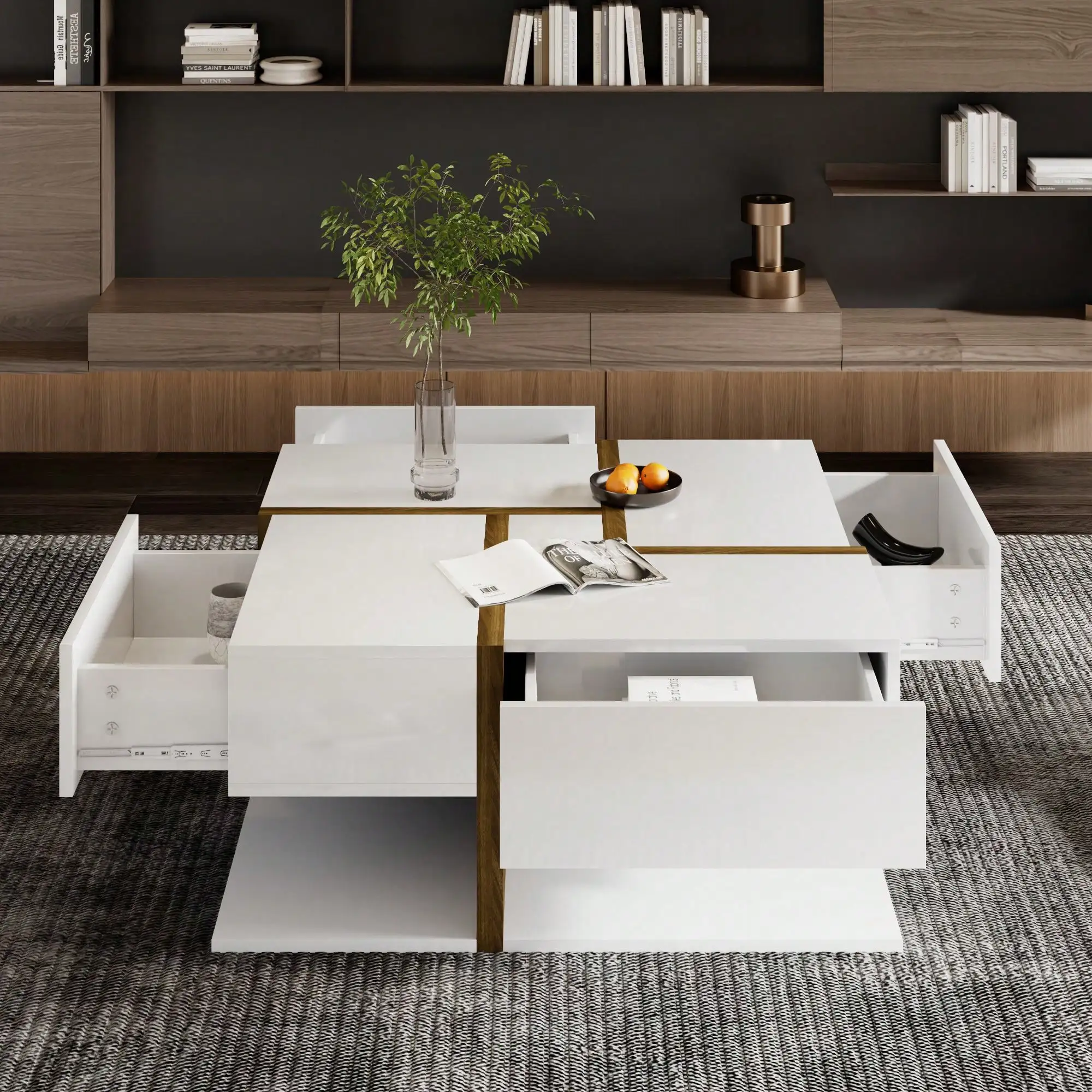 KOMHTOM Mesa de centro funcional quadrada moderna com 4 gavetas e espaço de armazenamento inferior, mesa de sala de estar, mesa de centro