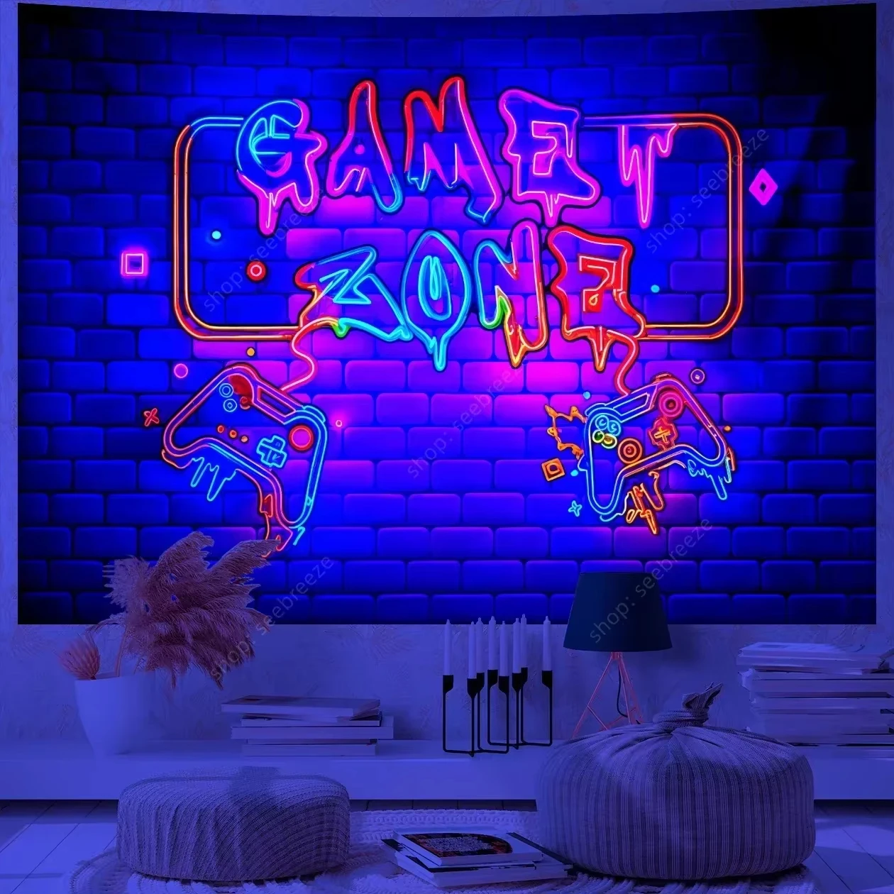 Game Over Game Zone UV Reactive Tapestry E-Sports Room Game Controller Tapestry Wall Hanging Neon Backdrop Dorm Bedroom Decor