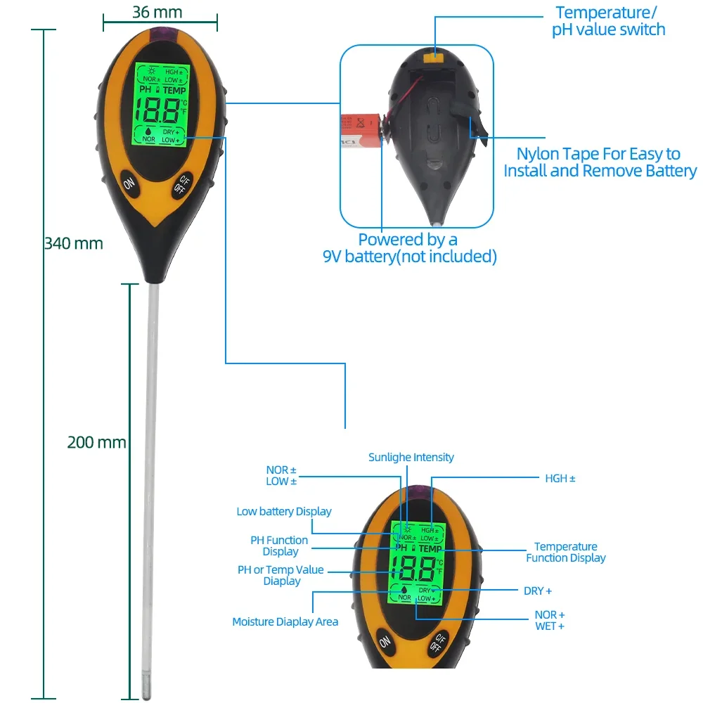 Probador de suelo 4 en 1, medidor de temperatura de humedad de PH, Monitor de humedad del suelo, herramienta de medida de acidez para plantas de jardín