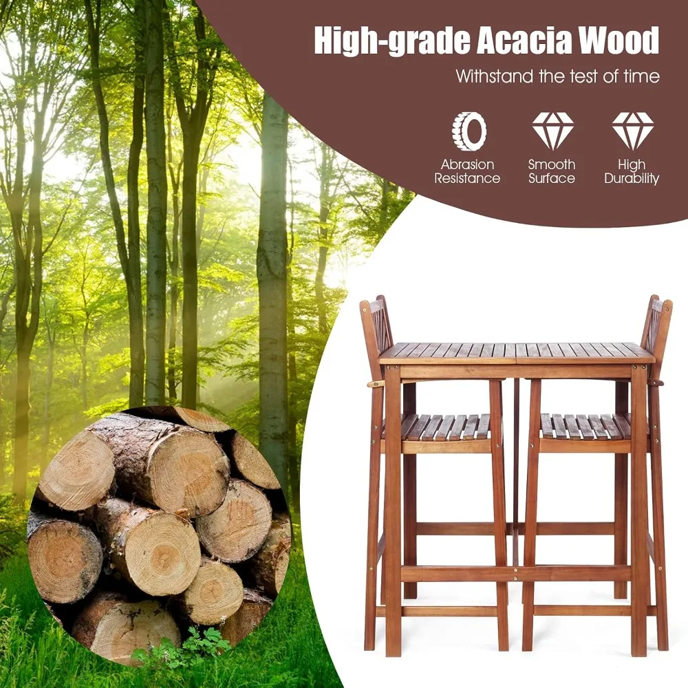 Outdoor Acacia Wood Dining Set, Spacious Tabletop, Comfortable Backrest, Suitable for Sunroom, Backyard Balcony, Space-Saving