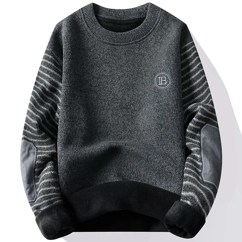 Herrenpullover Patchwork Rundhalspullover Fleece gefüttert Dicke warme Winterstrickwaren Modepullover Herrenbekleidung