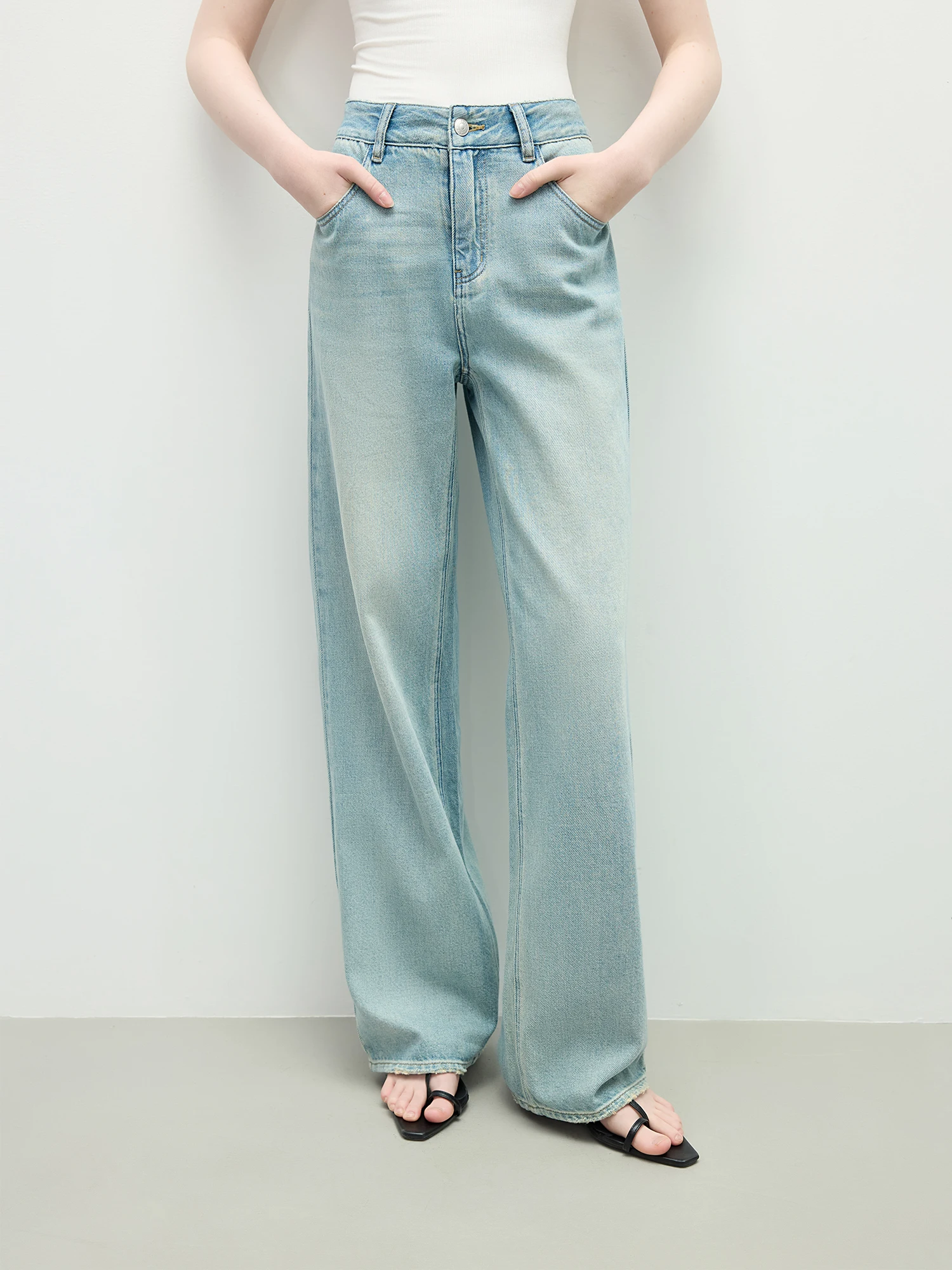 FSLE Washed Distressed High Waist Straight Jeans for Women 2025 Summer New Slim Fit Versatile Casual Slim Chic Pants 25FS12292