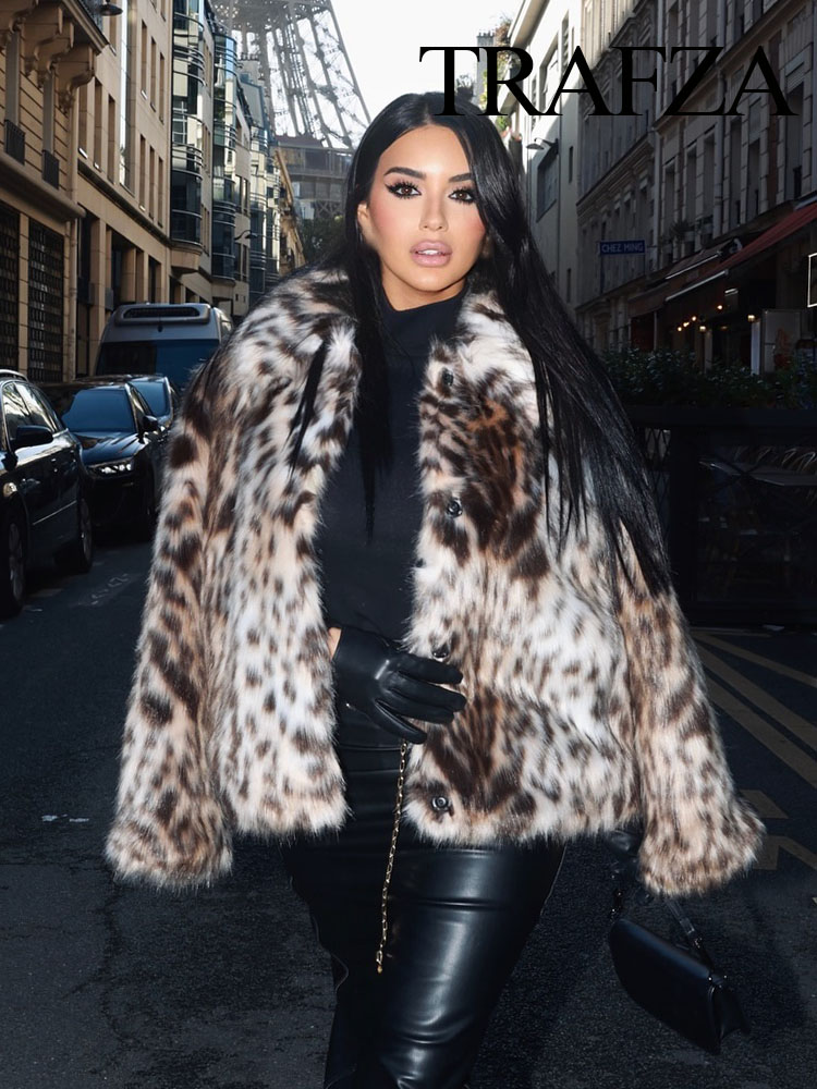 Trafza-女性用ヒョウ柄フェイクファーコート、ルーズ、スリム、ウォーム、エレガントなラペル、長袖、サイドポケット、カジュアル、冬