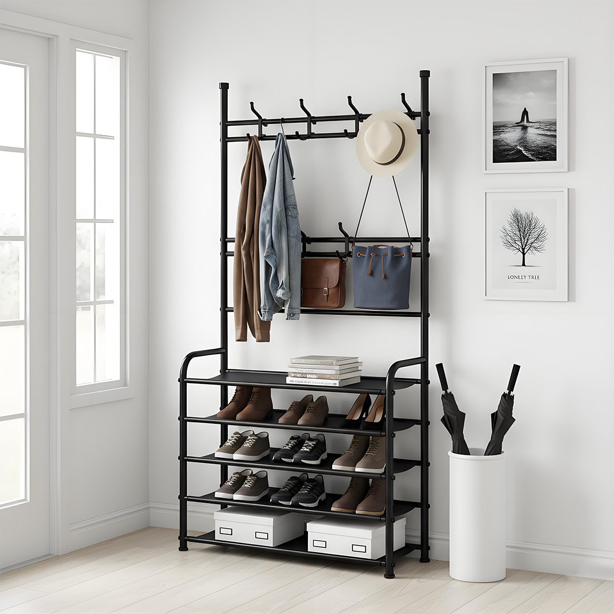 Coat Hat Stand 8 Hooks Metal Storage Shoe Rack 5 Tiers Shelf Hanger Shoes Shelf Living Room Storage Racks 80Cm Widen