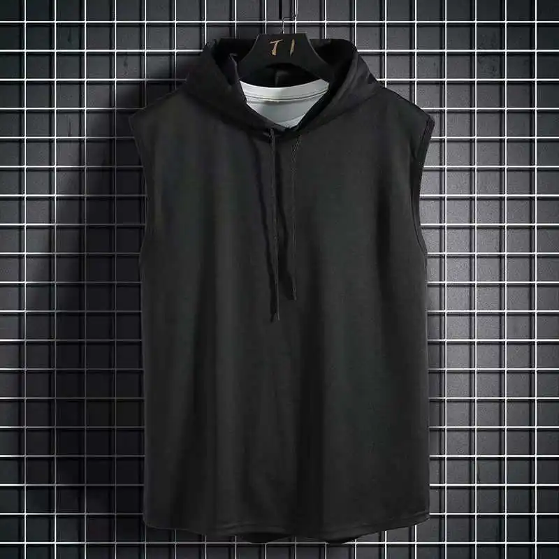 男性ネクタイ襟フード付きノースリーブベスト男性夏ルーズ固体ヒップホップ Tシャツトップス