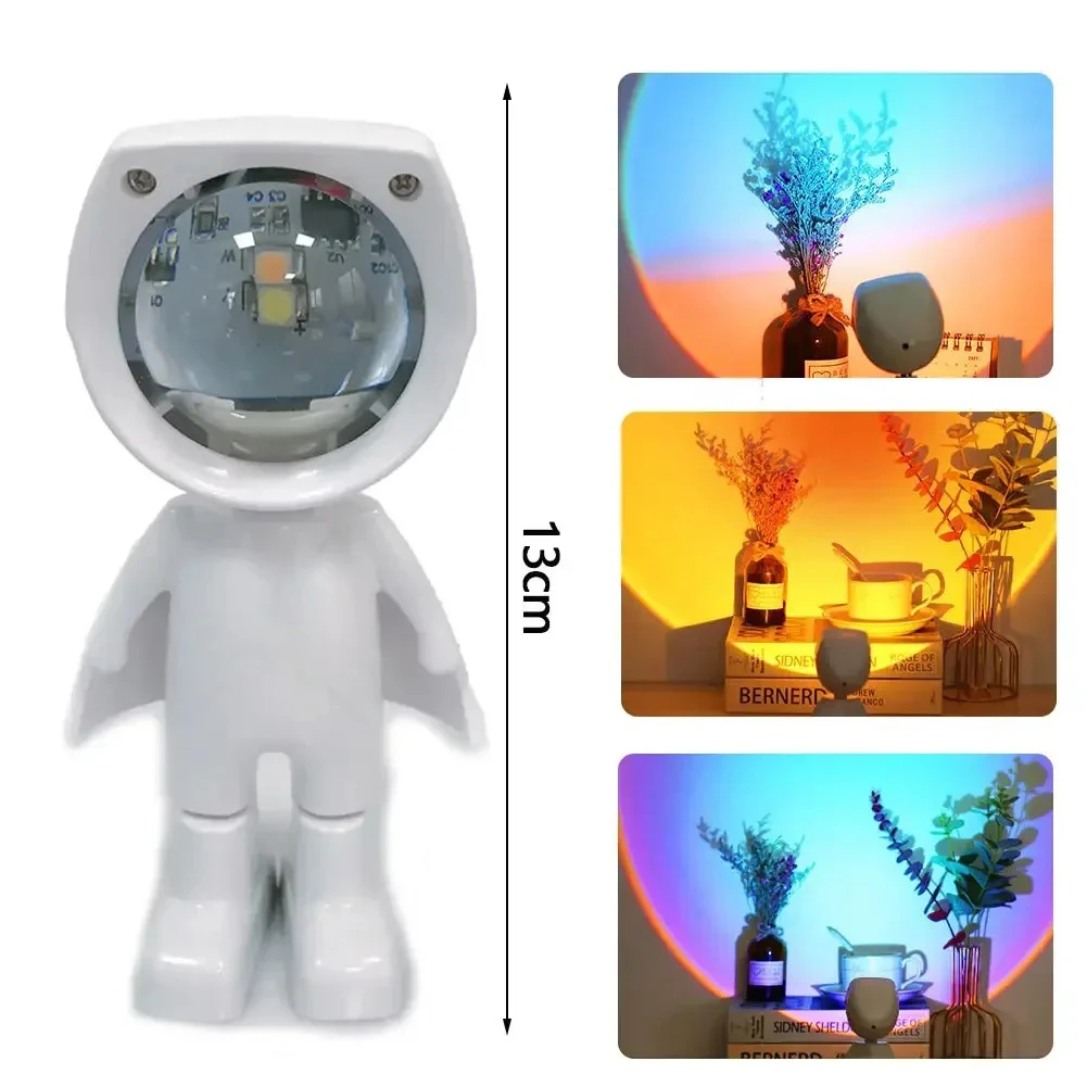 Recarregável astronauta robô arco-íris projeção sol lâmpada mesa luz da noite pôr do sol lâmpada infinita escurecimento quarto atmosfera luz