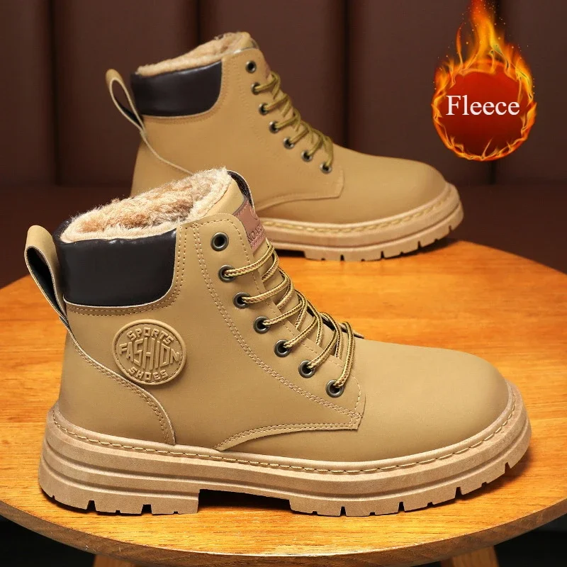 Botas de tornozelo de pele de inverno para homens alta superior sapatos de algodão quente ao ar livre plataforma à prova dwaterproof água botas de neve botas de hombre