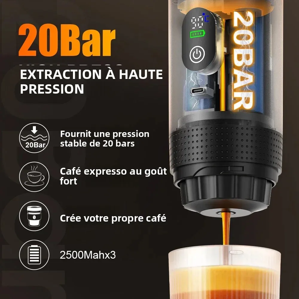 Machine à café expresso portable sans fil Foombthe pour voiture et camping, réservoir d'eau de 80 ml, affichage numérique, machine à café de voyage 3 en 1 pour capsules et poudres