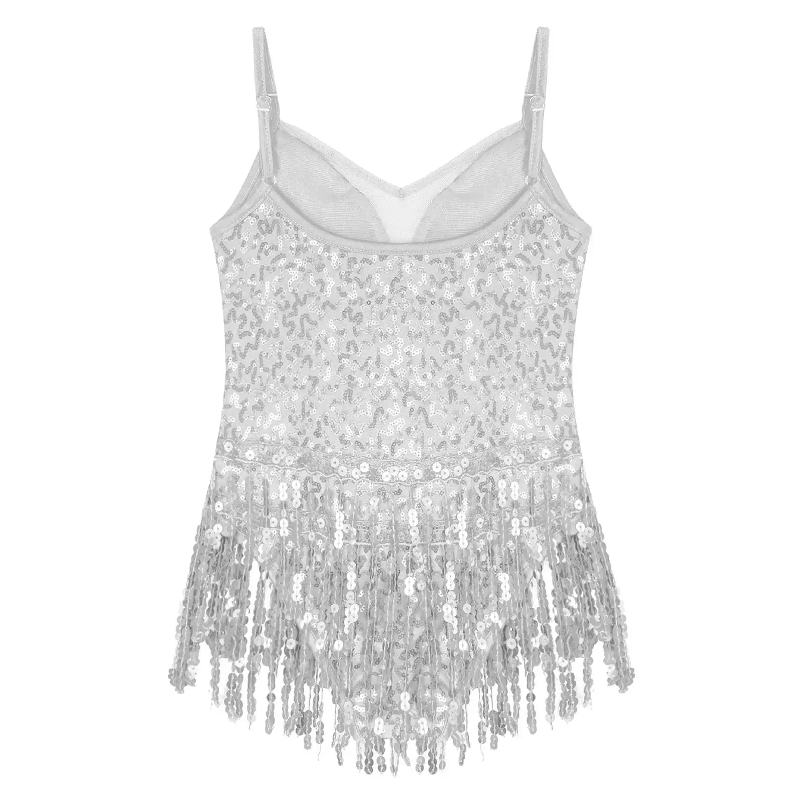 ชุดเต้นรําละตินแจ๊สยิมเด็กผู้หญิง SHINY Sequins พู่ Fringe ตาข่ายห้องบอลรูม Samba Tango Cha Cha เต้นรํา Leotards RAVE เครื่องแต่งกาย