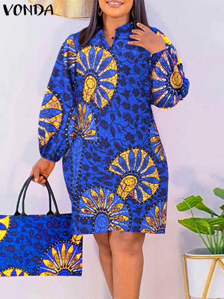 VONDA-女性のボヘミアンプリントのミニドレス,膝丈,長いパフスリーブ,ヴィンテージのイブニングドレス,大きいサイズ,2024