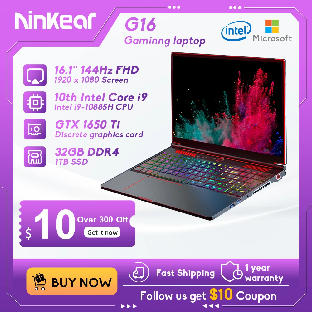 Ninkear-Laptop para jogos com Intel Core I9-10885H, Notebook Nvidia GTX1650Ti, 144Hz, 32GB + 1TB SSD, Windows 11, 16 in, G16