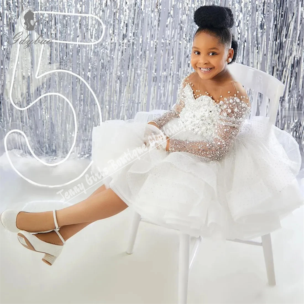Weiße Blumenmädchenkleider mit Perlen für kleine Mädchen für die Hochzeit, transparenter Ausschnitt, Pailletten, Spitze, Erstkommunion, Geburtstagsparty-Kleider