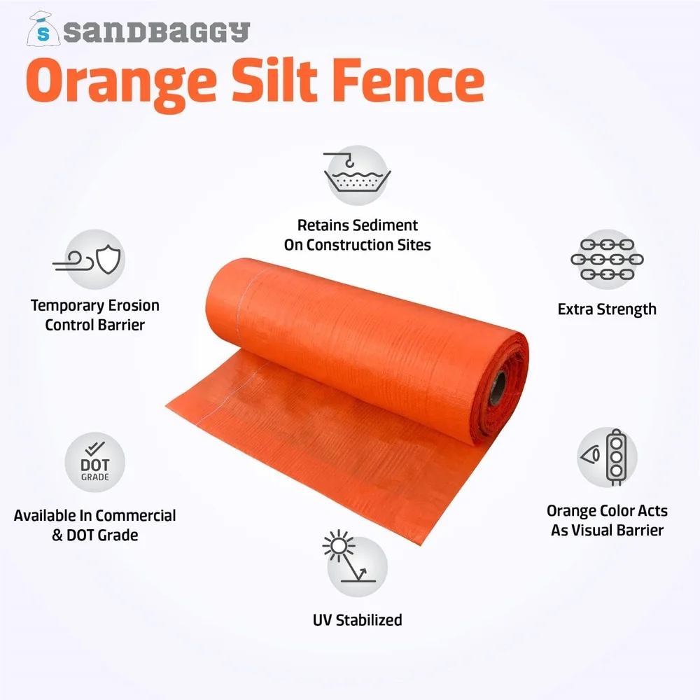 Orange Silt Fence Fabric Rolls 3ft x 500ft Temporary Erosion Control Barrier Sediment Retention Construction Site UV Stabilized