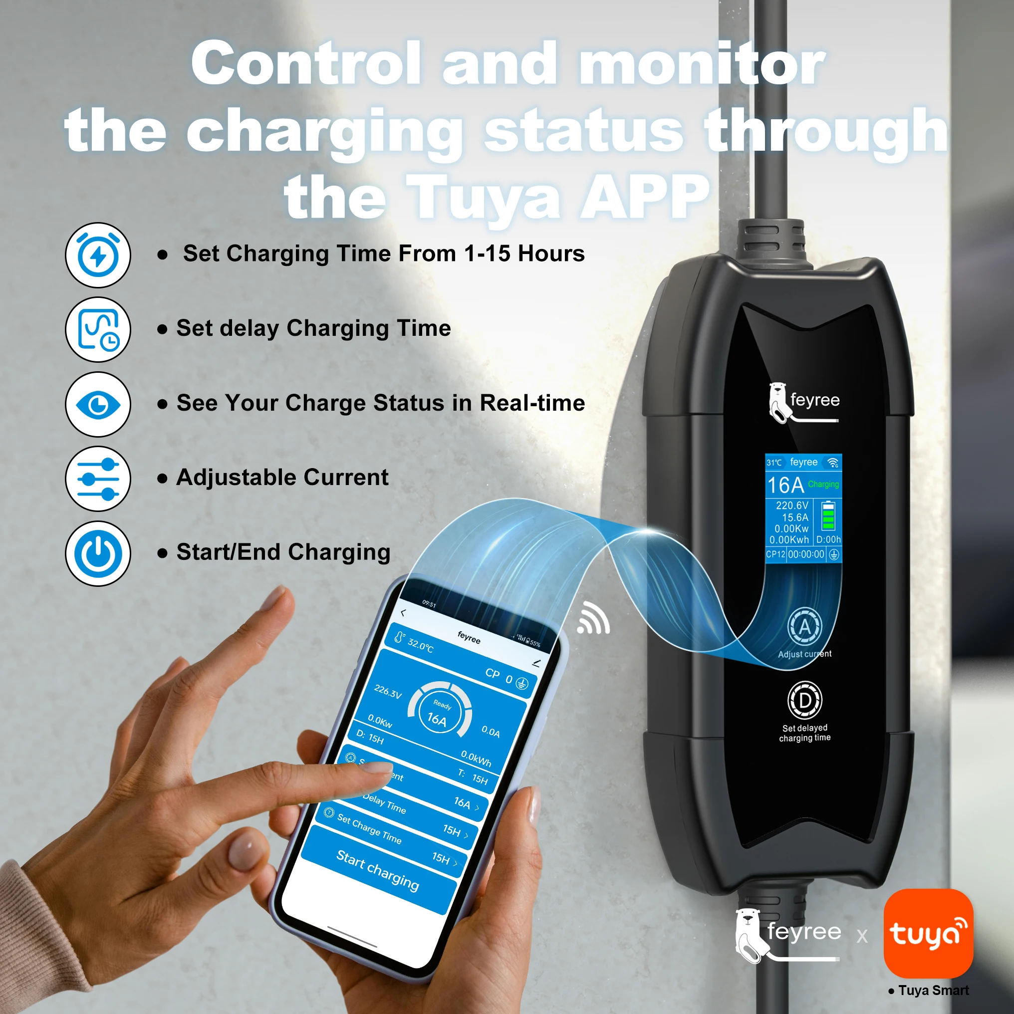 feyree Type2 EV 充電器 WIFI APP 制御 16A 3.5KW GBT 5M ケーブル Type1 ポータブル充電ボックスセット EV 車用充電 & 遅延時間