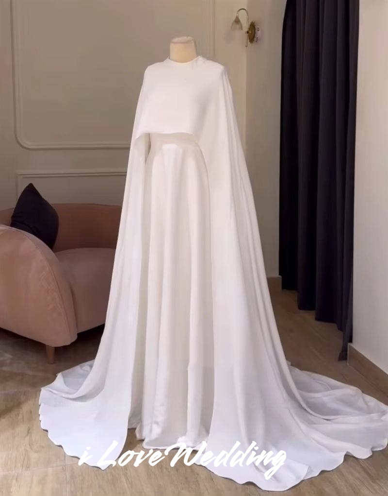 White O-Neck Wedding Dress 2025 Shawl Long Sleeve Button A-Line Saudi Arabia Sweep Train Muslim Floor-Length Pleated Customized