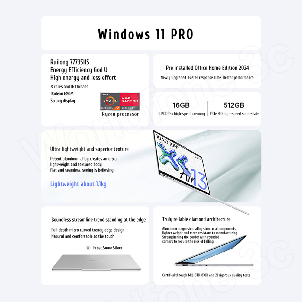 Lenovo Xiaoxin 13 Air Laptop 2025 Ryzen 7 7735HS 16 GB RAM 512 GB SSD 13,3 Zoll 100 % sRGB-Bildschirm Notebook Ultrabook Computer PC