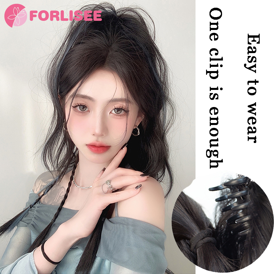 Synthetic Highlighted Blue High Ponytail Boxer Braid Wig Water Rippled Dopamine Half-tied Braid Claw Clip Waterfall Ponytail