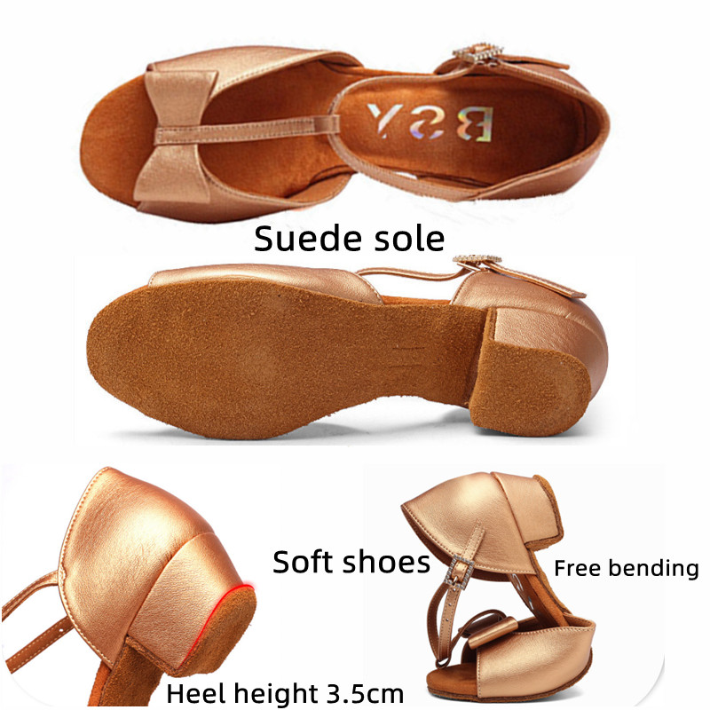 Novo rosa branco cetim arco meninas crianças/crianças/crianças salão de baile tango salsa sapatos de dança latina sapatos de salto baixo 3.5cm