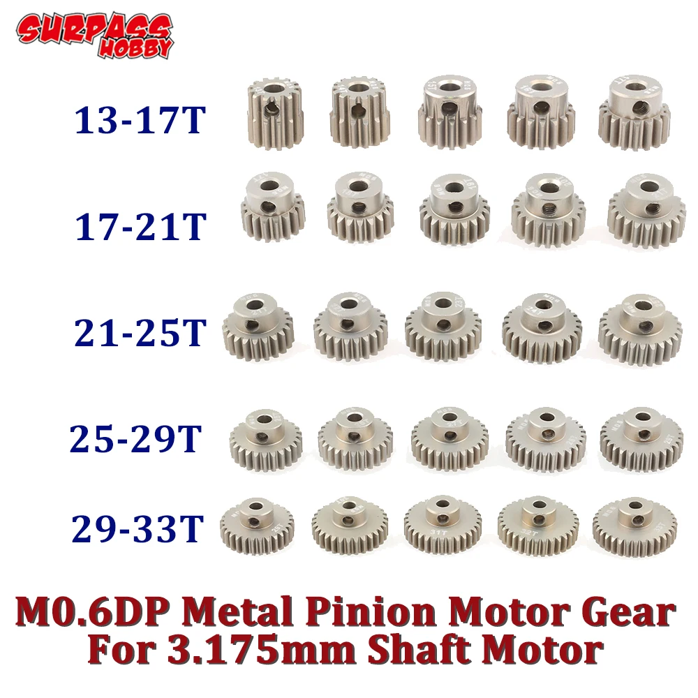 SURPASS HOBBY 5PCS 3.175mm SHAFT โลหะ Pinion มอเตอร์เกียร์ 32DP 48DP 64DP M0.6 M0.8 สําหรับ 1/10 1/8 RC รถ 3650 3660 Traxxas