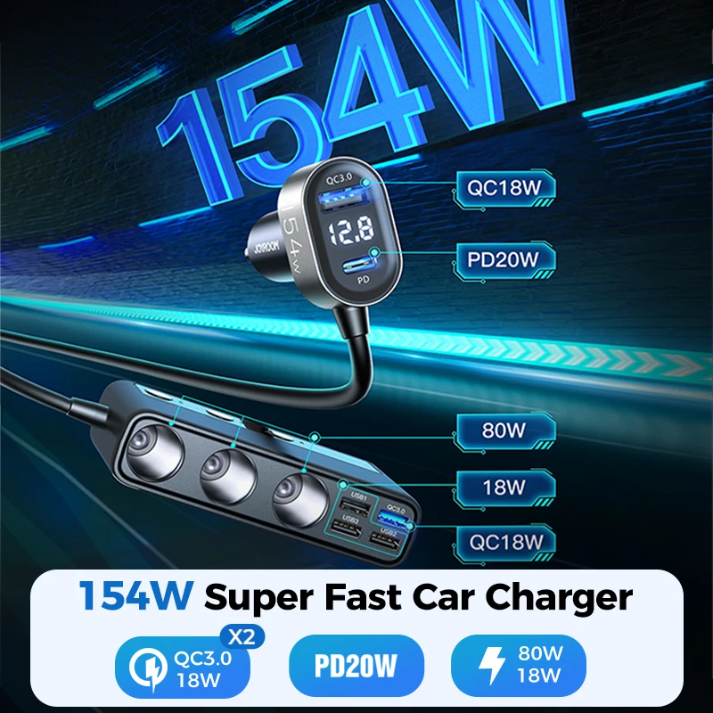 Joyroom 154W 9 in 1 Car Charger Adapter PD 3 Socket Cigarette Lighter Splitter Charge Independent Switches DC Cigarette Outlet