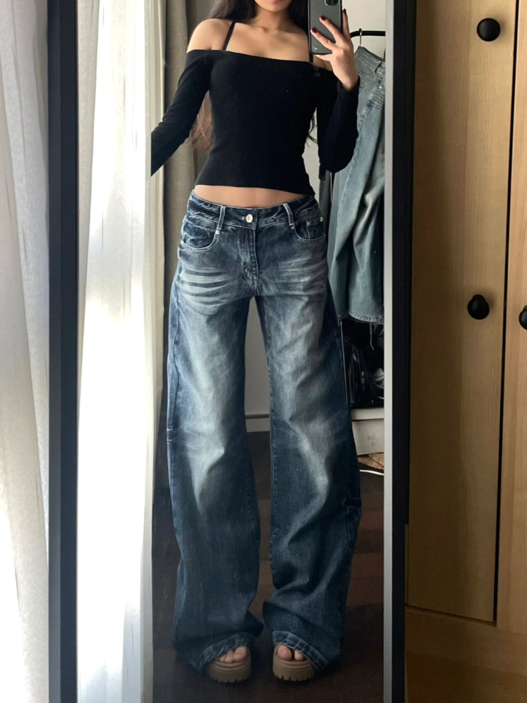 HOUZHOU Y2k Vintage Baggyกางเกงยีนส์ขากว้างผู้หญิงล้างสบายๆสูงเอวหลวมDenimกางเกงStreetwearเกาหลีFlaredกางเกง