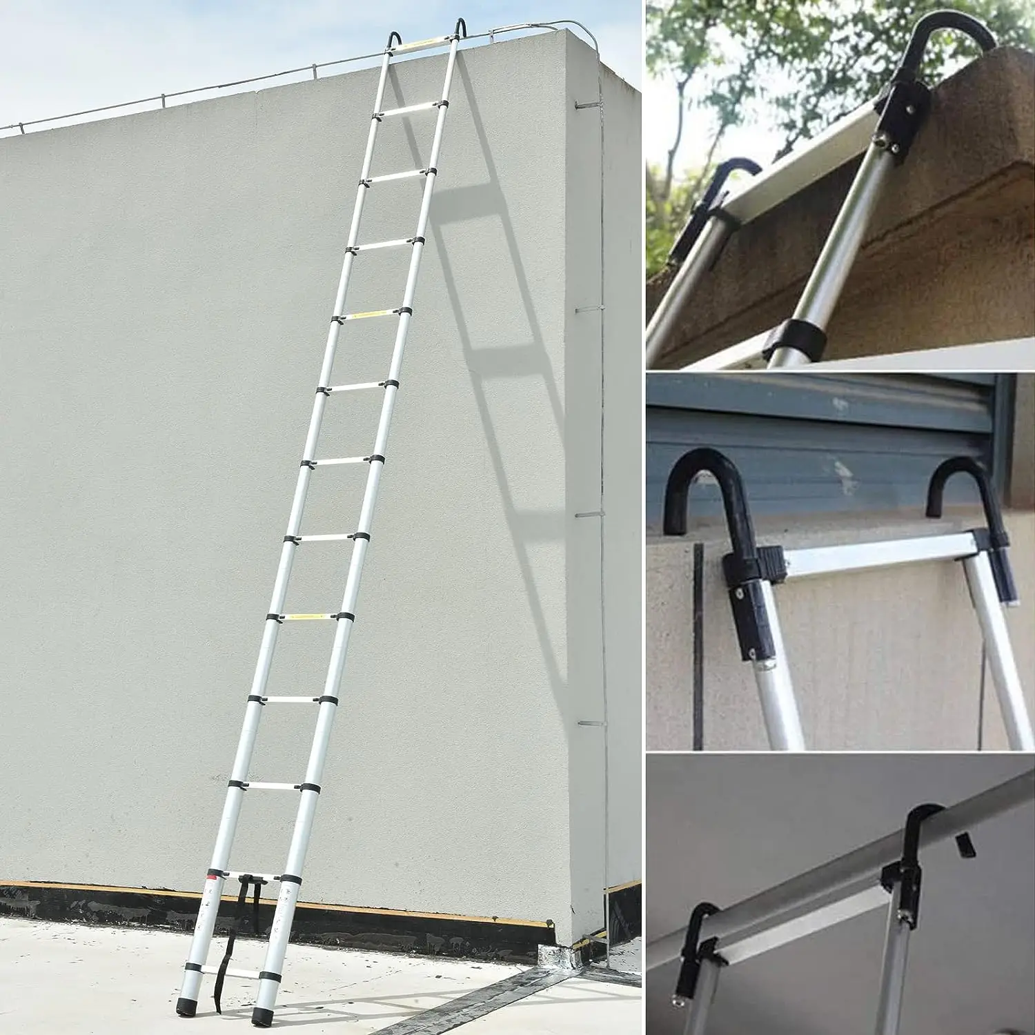 6.2m/20.3ft Heavy Duty Telescopic Ladder with Removable Hook Aluminum Folding ladder Non-slip fixed extendable Sturdy 15 Steps