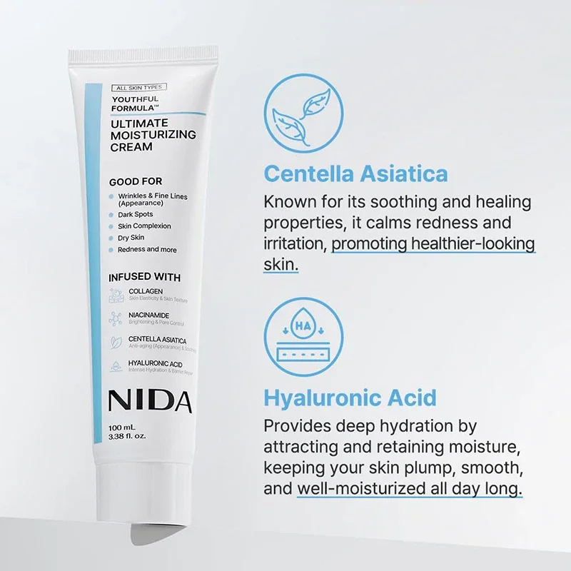 100mL Ultimate Moisturizing Cream Collagen Youthful Formula Niacinamide Centella Asiatica Hyaluronic Acid Wrinkles Spots Cream