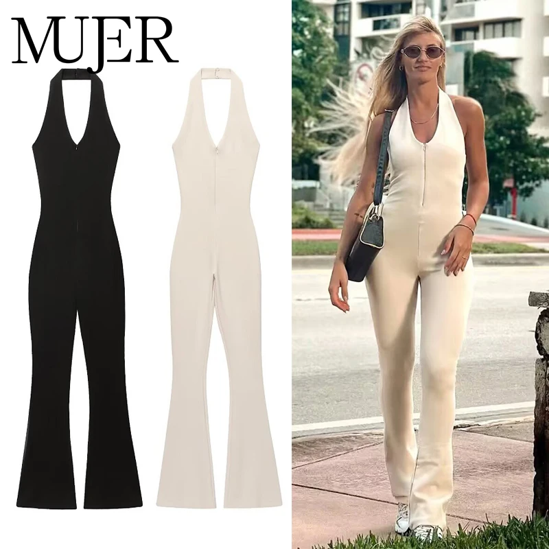 MUJER 2025 Langer Overall für Damen, ausgestellte Fitness-Overalls für Damen, Schwarz, Sommer-Frau-Overall, sexy, ärmellos, rückenfrei