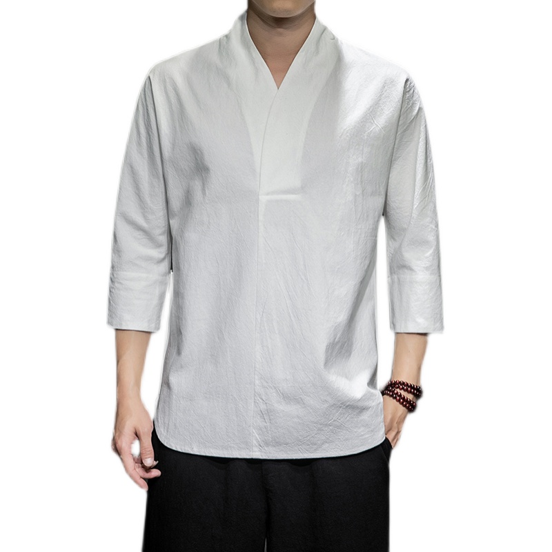 Hemden Männer Solide Pullover V-ausschnitt Drei Viertel Herren Kimono Shirts Traditionelle Streetwear Bluse Chinesischen Stil Leinen Shirts Mann