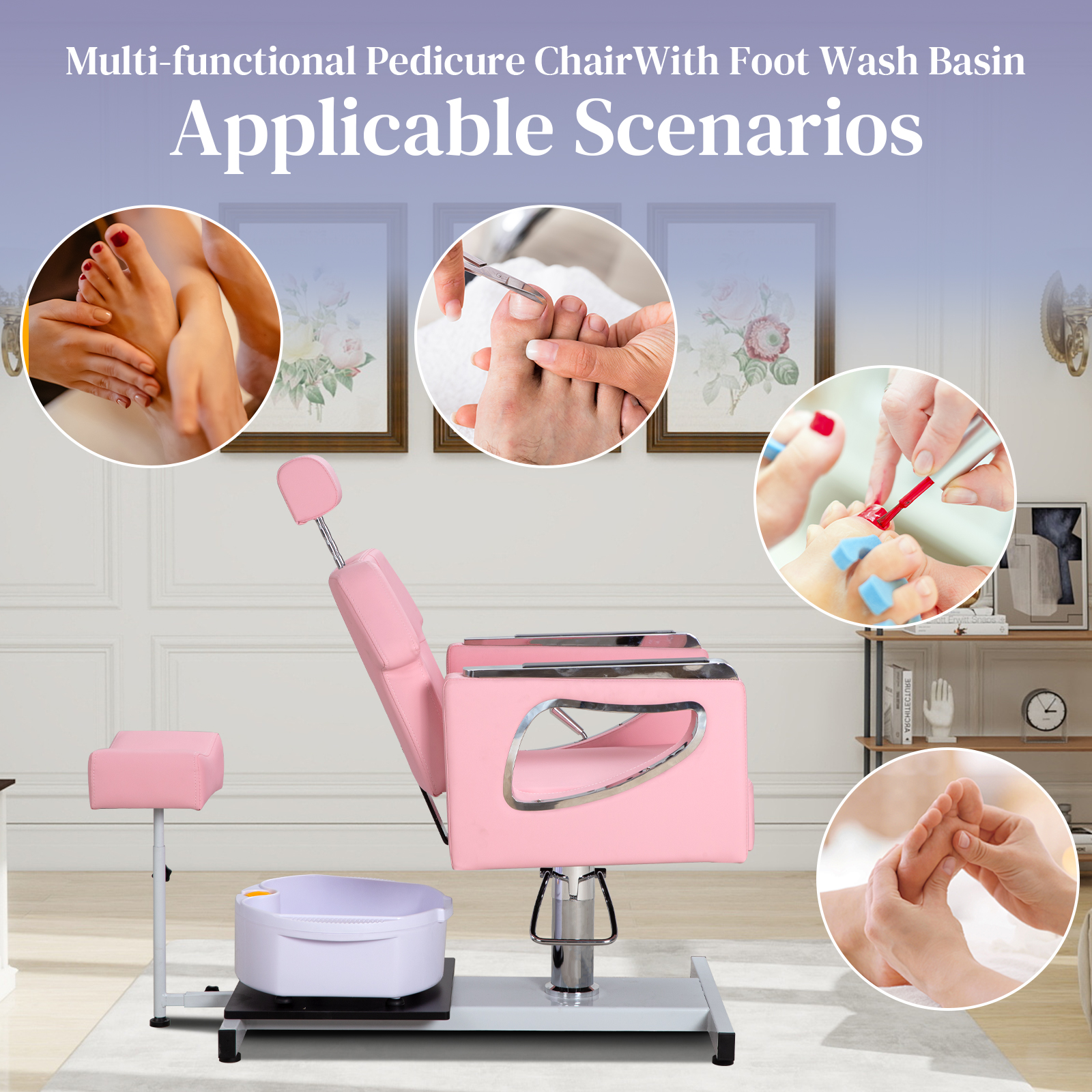 Pedicure Chair No Plumbing, 360° Swivel Hydraulic Adjustable Reclining Station with Massage Foot Bath & Footrest for Nail Tech,