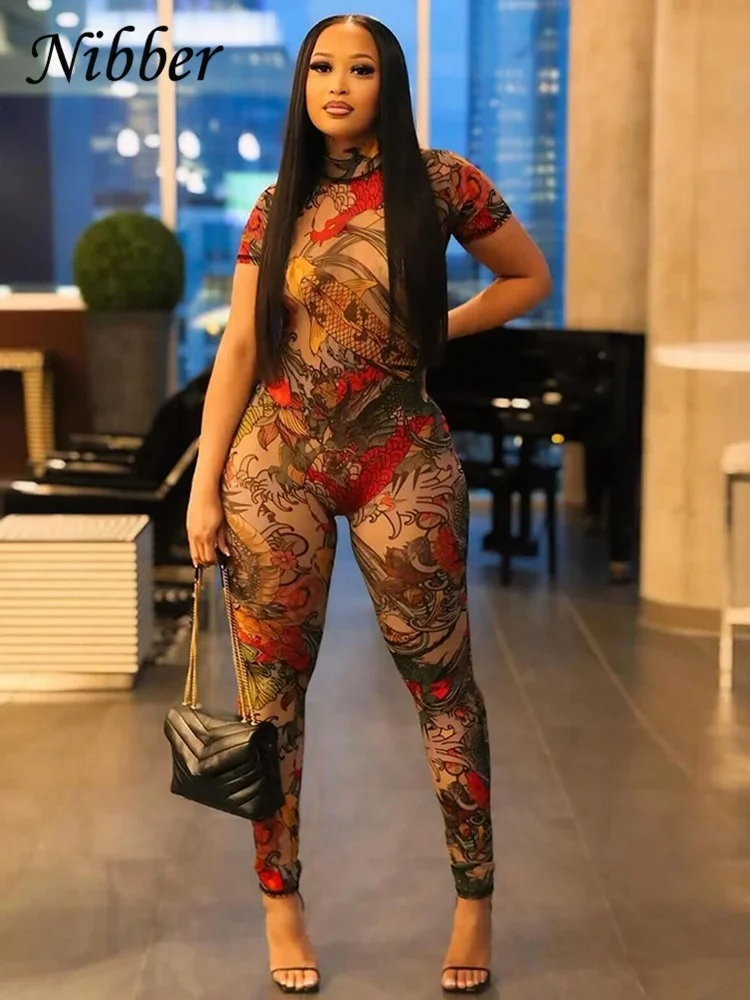 Bwq-女性用の透明なバックレスジャンプスーツ、ドラゴンプリント、半袖、フィットネスアクティビティ、ワークアウトオーバーオール、スリムなストレッチクラブウェア