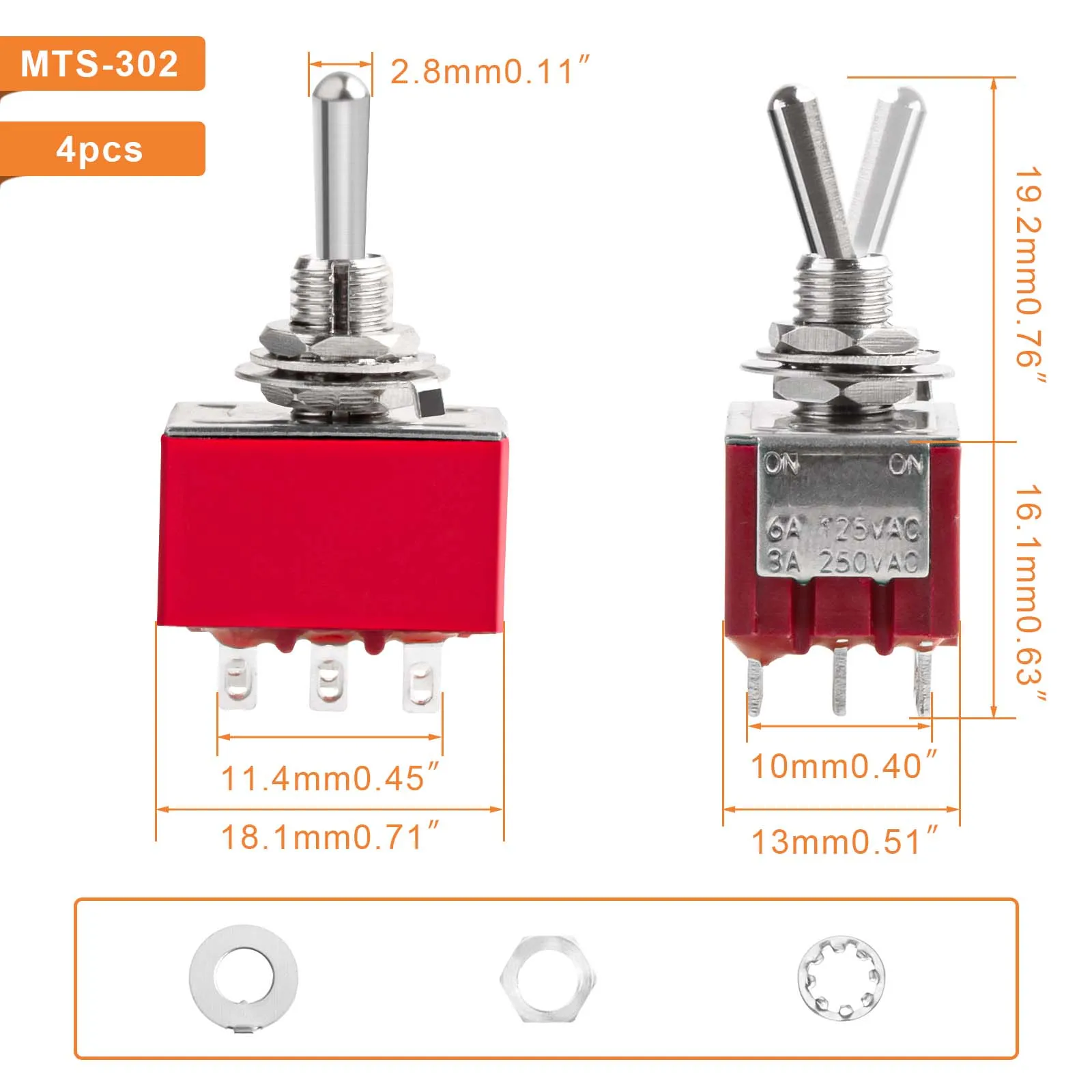 4 Uds interruptor de palanca de 9 pines 2 posiciones 3PDT miniatura Mts-302 ON/ON 6A 125V 3A 250V para salpicadero de coche electrónico