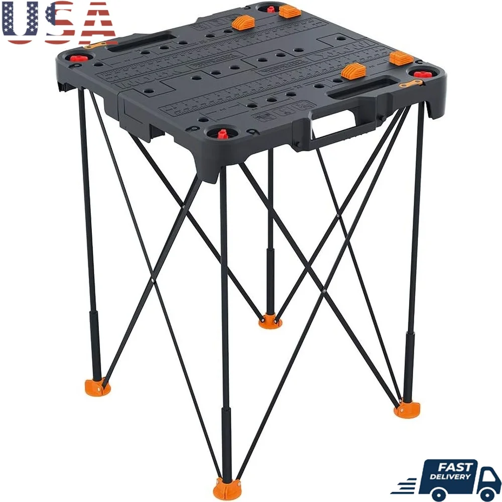 Folding Work Table Portable Lightweight Sturdy Workbench 300lbs Capacity Secure Legs Easy Storage Includes Clamps Link Locks