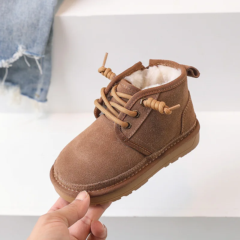 เด็กรองเท้าบู๊ตหิมะหญิงของแท้หนังหนา Plush WARM ฤดูหนาวรองเท้าเด็ก Suede Soft Sole รองเท้าสบายๆลื่นขนาด 21-37