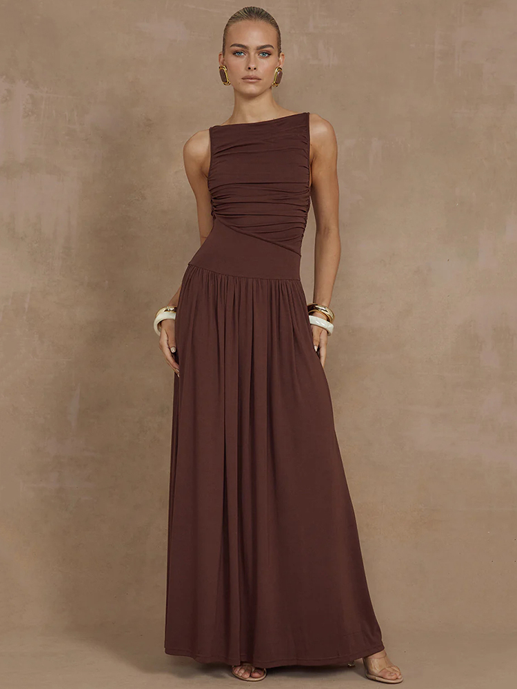 Mozision Elegantes ärmelloses Maxikleid für Damen, modisch, einfarbig, U-Boot-Ausschnitt, Tank-Kleider, Damen, sexy, gerüscht, langes Kleid, neues Kleid