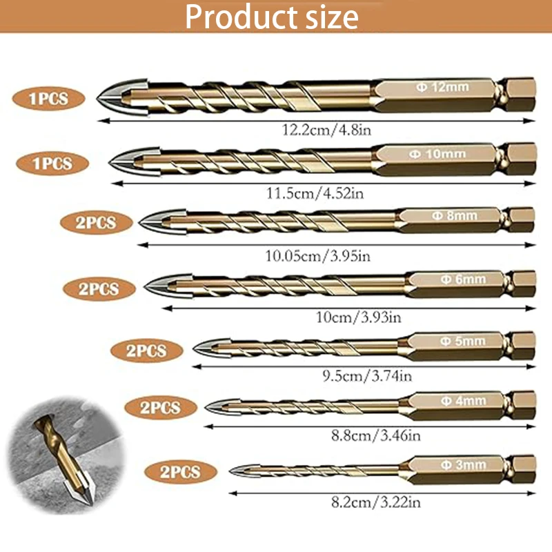 12PCS Set di punte per piastrelle con codolo esagonale Set di punte per trapano per vetro Set di punte per trapano per muratura 3-12 mm Set di strumenti per perforazione di piastrelle per trapano in ceramica