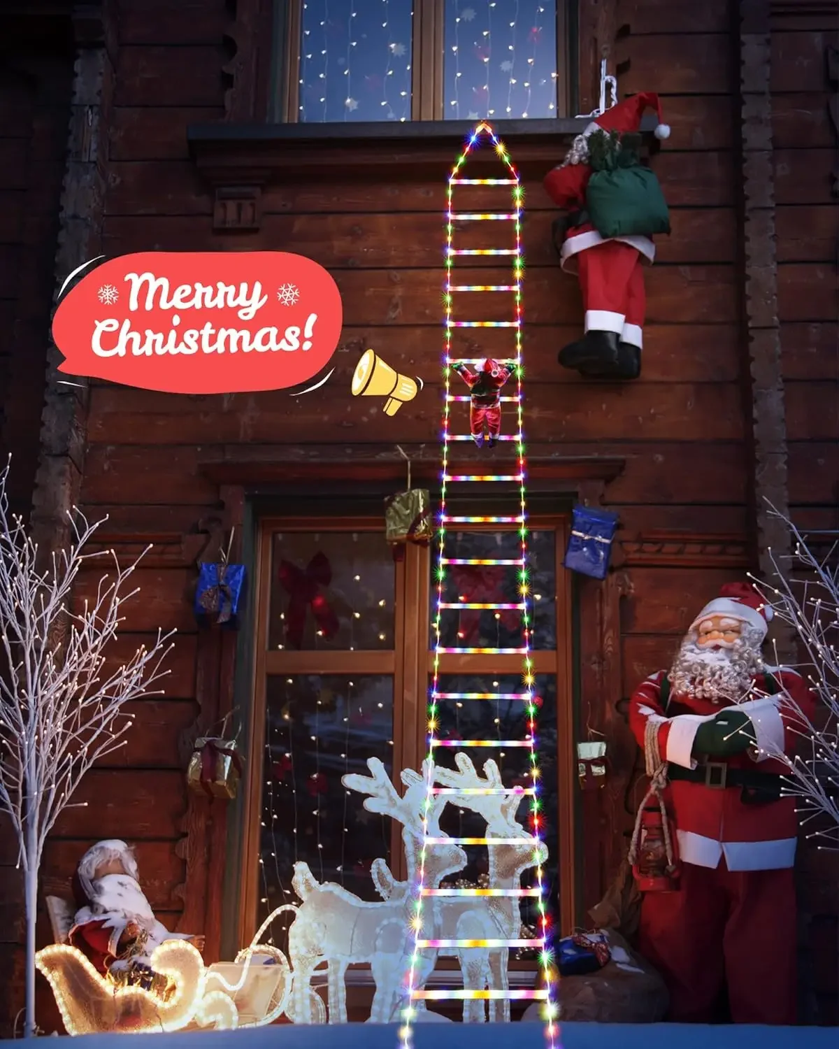 Christmas Decorations LED Ladder Lights with Climbing Santa Claus Indoor Lights Xmas Lights Tree for Holiday Window Xmas Decor
