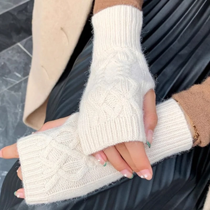Warm Wool Fingerless Wrist Gloves Women Winter Knitted Half Finger Arm Cover Long Sleeve Gothic Crochet Twist Pattern Mittens