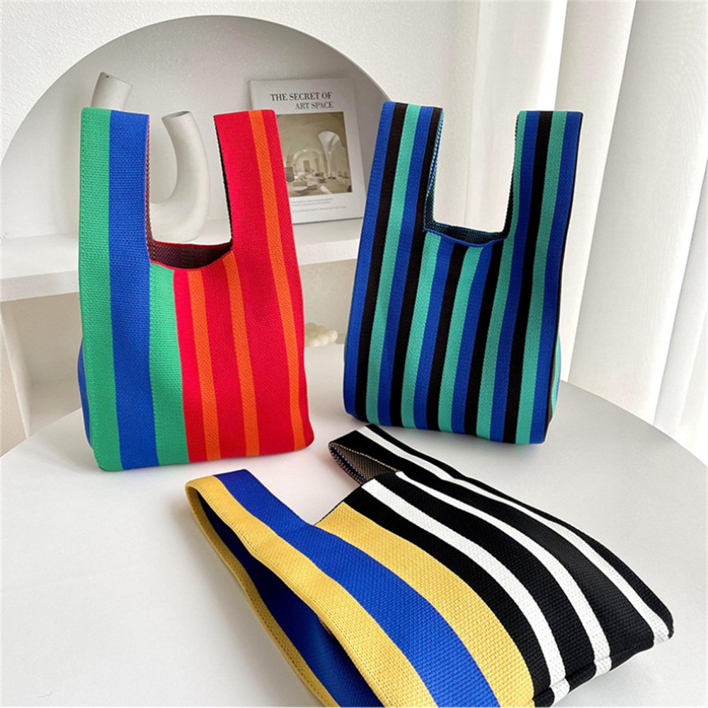 Bolso de mano japonés a rayas finas a cuadros para mujer, Mini bolso de muñeca con nudo, bolso de punto hecho a mano de Color informal, bolso de compras reutilizable, monedero para llaves