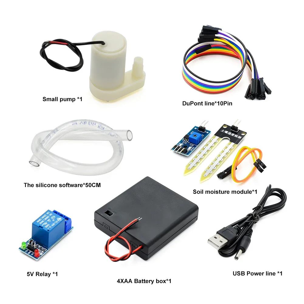 16 unids/set módulo de riego automático Kit DIY Kit de riego automático Sensor de humedad del suelo módulo de relé manguera de 50cm para Arduino