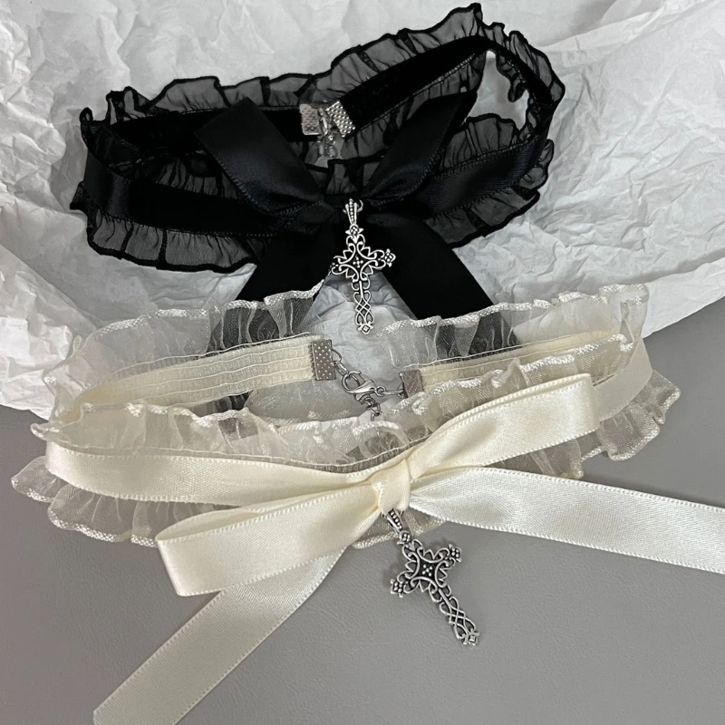 ลูกไม้Ruffleสร้อยคอChokerน่ารักBowknot Crossesจี้คอคอฮาโลวีนGothicเครื่องแต่งกายของขวัญเครื่องประดับสำหรับผู้หญิง
