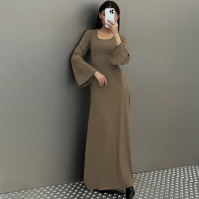Long Flare Ärmel Maxi boden langes Kleid Sommer solide Mode lässig Büro Dame Kleider für Frauen schlanke sexy Schnür-Vestidos