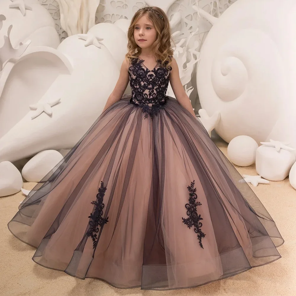 MisShow Princess Satin Beaded Floor Length Red Flower Girl Dresses Black Appliques Girls Pageant Dress First Communion Dresses