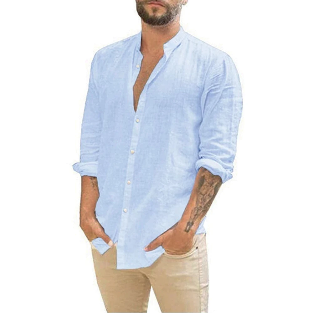 ผ้าฝ้ายลินินขายร้อนเสื้อแขนยาวผู้ชายฤดูร้อนสีทึบ Stand-Up COLLAR Casual Beach สไตล์ PLUS ขนาด