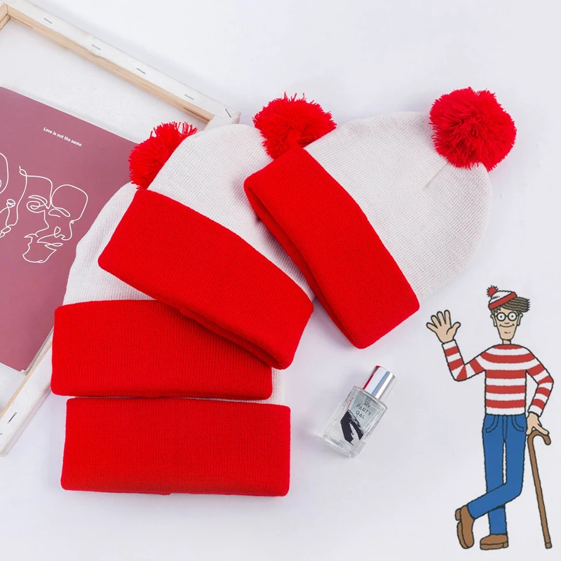 Onde está wally waldo vermelho branco chapéu de malha cosplay halloween presente de natal inverno quente grosso boné feminino e masculino chapéus dos namorados