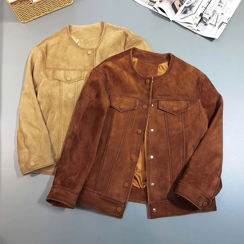 Importierte Wildleder Ziege Lederjacken 2024 fallen neue Damen Echt lederjacke lässig O-Ausschnitt weibliche braune Lammfell Mäntel Tops