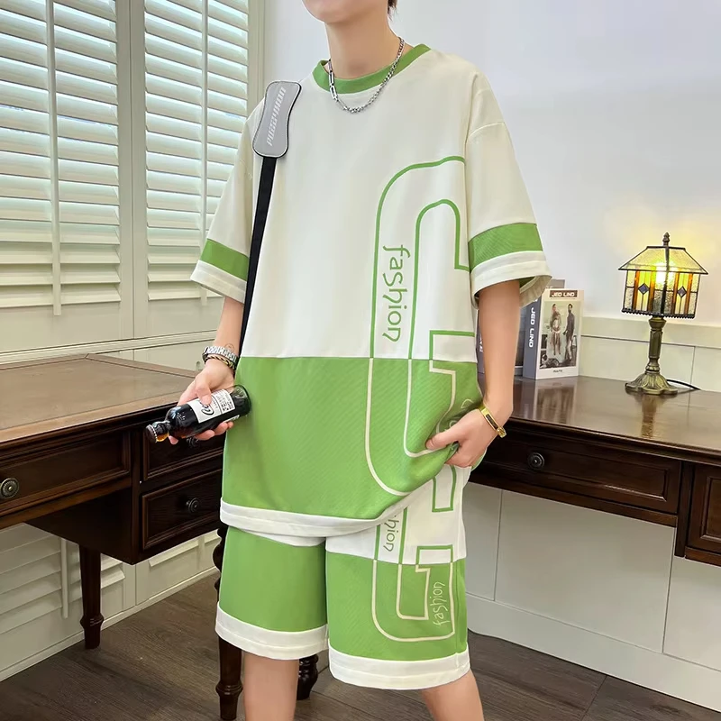 Neues Jugend-Freizeitsport-Set für Herren im Sommer, lockere Kurzarm-Shorts für Herren, trendiges zweiteiliges Set, leicht und transparent S