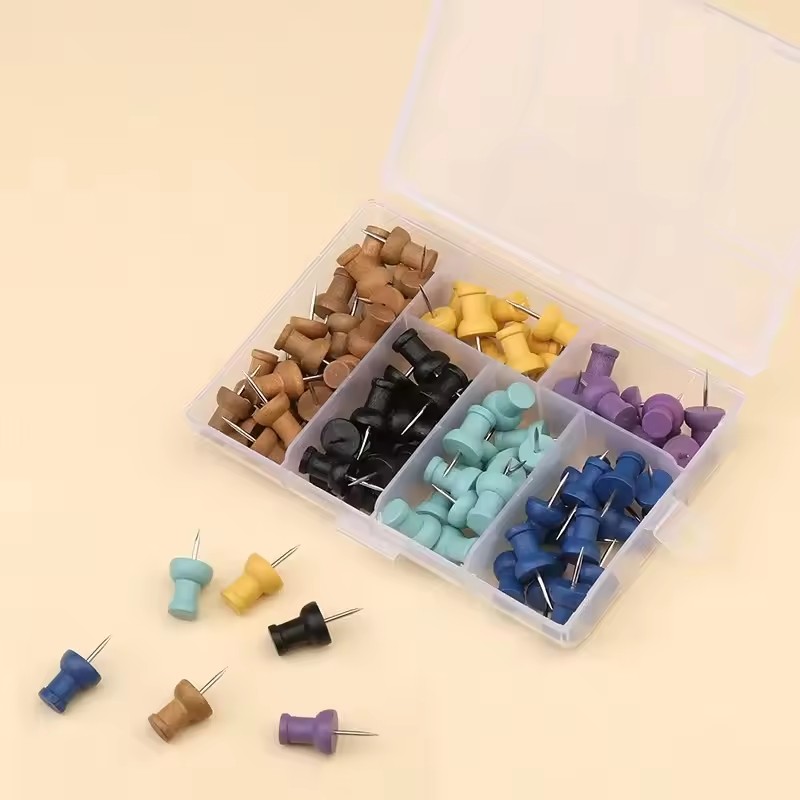 Fniiva Colorful Wooden Thumbtacks Set Plastic Drawing Pins Safety Colored Push Pins Kit School Office Accessories Supplies